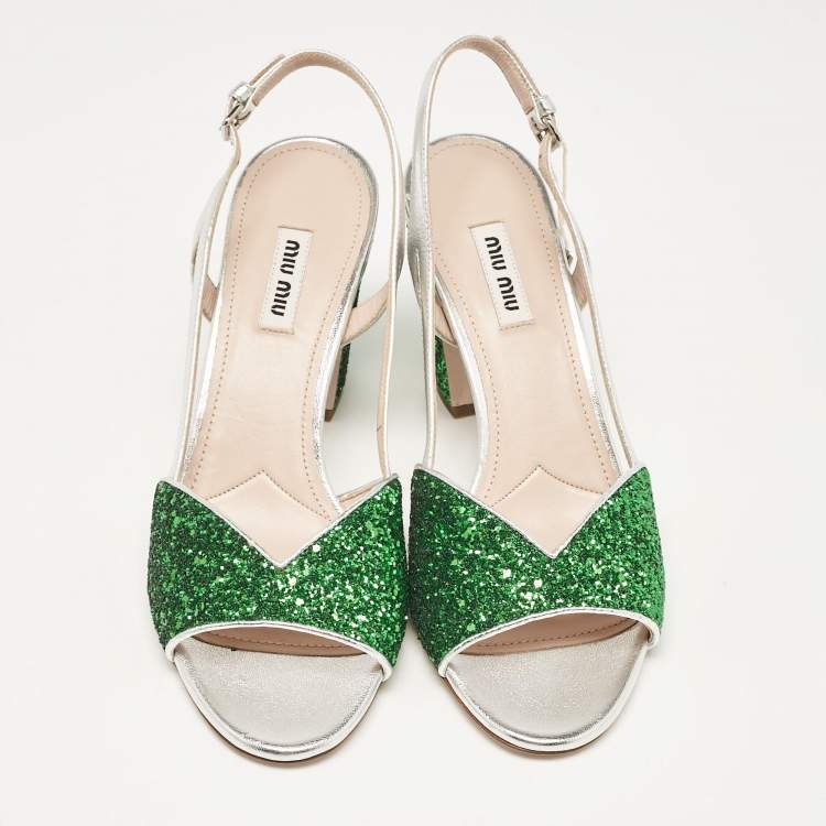 Pre Owned Miu Miu Green Glitter and Leather Ankle Strap Sandals Size 38