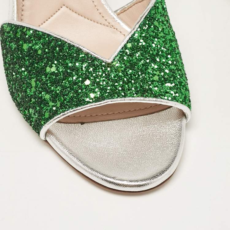 Pre Owned Miu Miu Green Glitter and Leather Ankle Strap Sandals Size 38