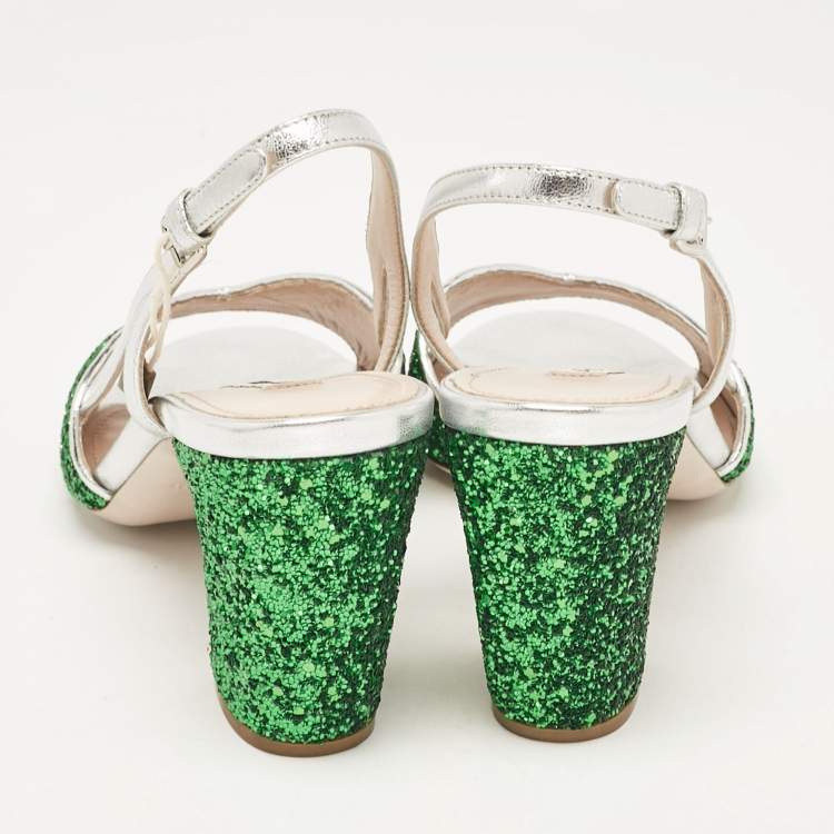 Pre Owned Miu Miu Green Glitter and Leather Ankle Strap Sandals Size 38
