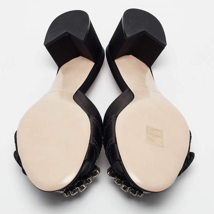 Pre Owned Miu Miu Black Satin Buckle Detail Crystal Embellished Slide Sandals Size 40