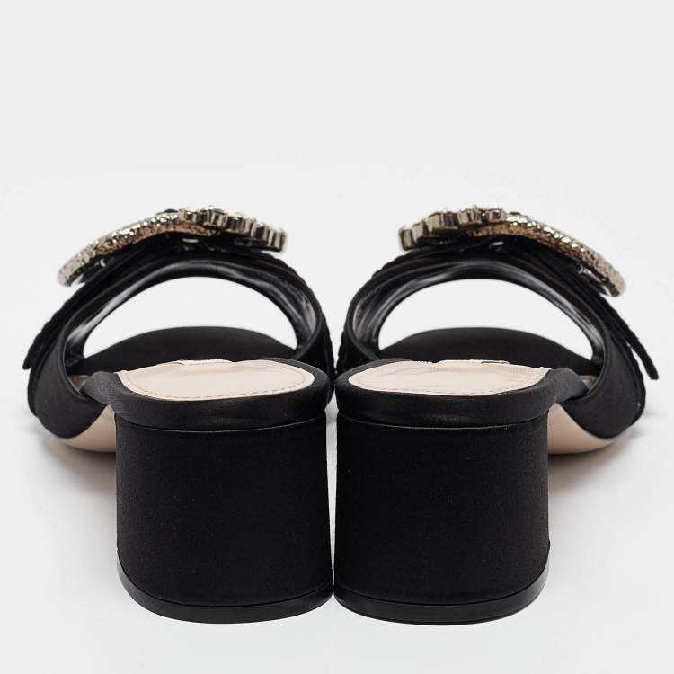 Pre Owned Miu Miu Black Satin Buckle Detail Crystal Embellished Slide Sandals Size 40