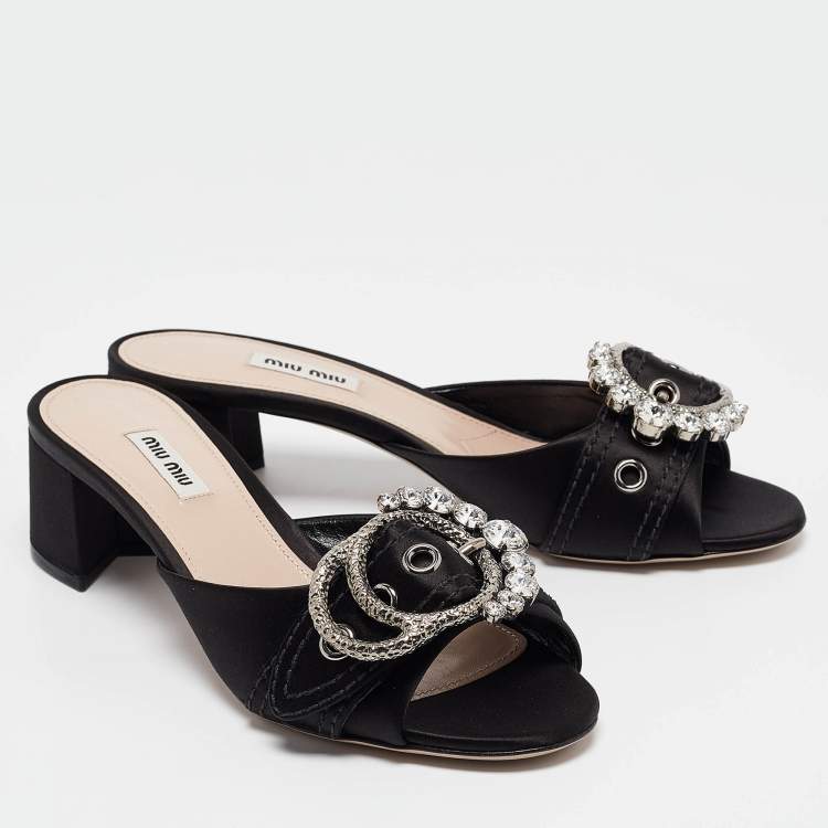 Pre Owned Miu Miu Black Satin Buckle Detail Crystal Embellished Slide Sandals Size 40