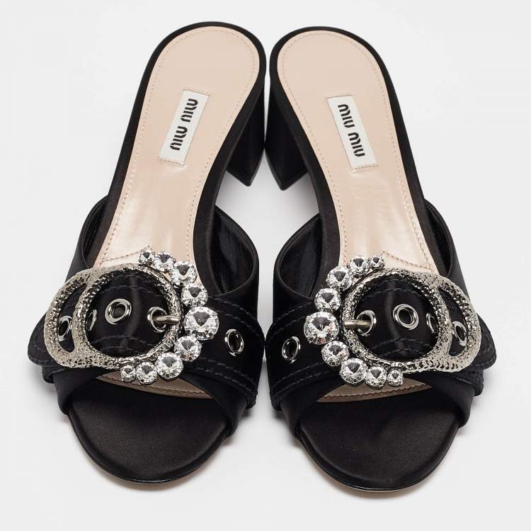 Pre Owned Miu Miu Black Satin Buckle Detail Crystal Embellished Slide Sandals Size 40