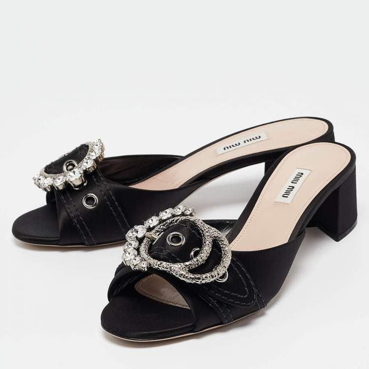 Pre Owned Miu Miu Black Satin Buckle Detail Crystal Embellished Slide Sandals Size 40