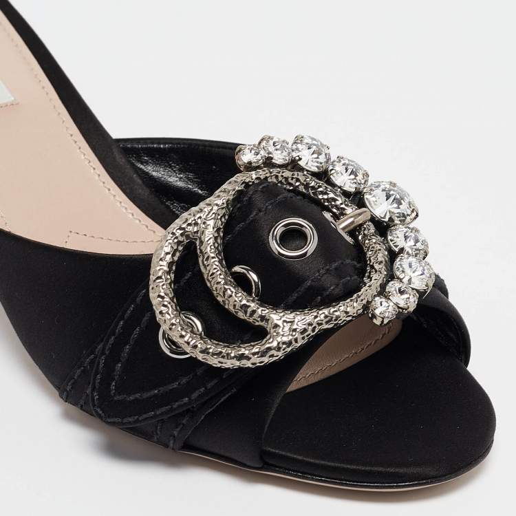 Pre Owned Miu Miu Black Satin Buckle Detail Crystal Embellished Slide Sandals Size 40