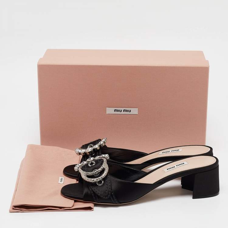 Pre Owned Miu Miu Black Satin Buckle Detail Crystal Embellished Slide Sandals Size 40