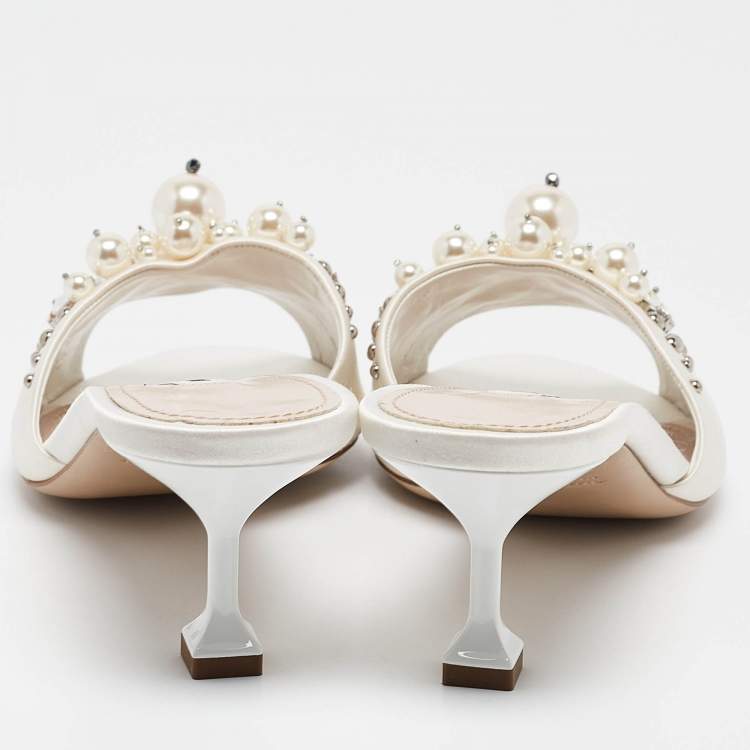 Pre Owned Miu Miu Cream Satin Embellished Slide Sandals Size 40
