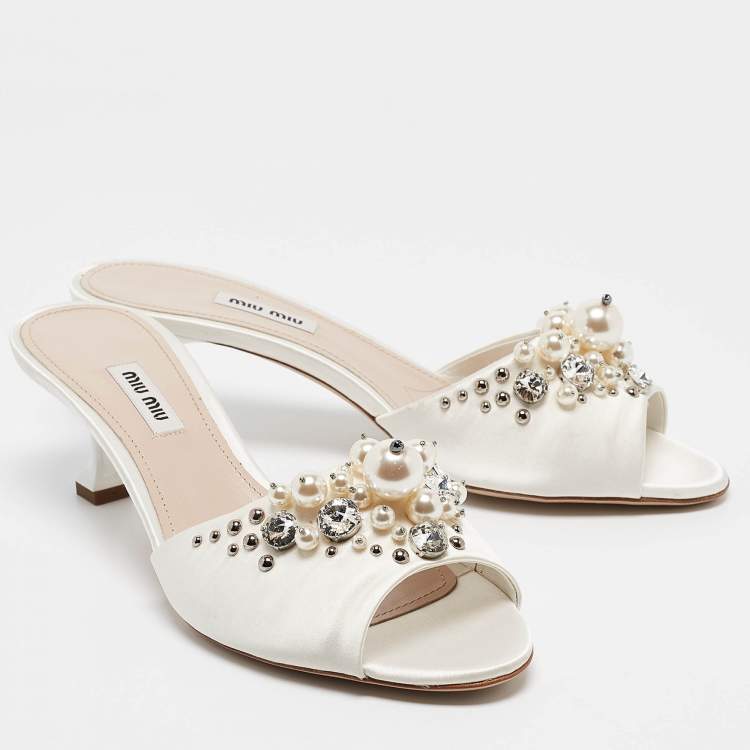 Pre Owned Miu Miu Cream Satin Embellished Slide Sandals Size 40