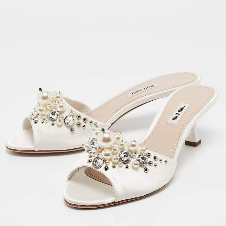 Pre Owned Miu Miu Cream Satin Embellished Slide Sandals Size 40