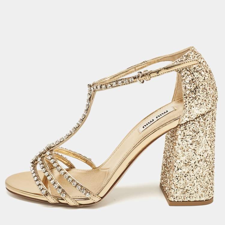 Pre Owned Miu Miu Gold Glitter and Leather Crystal Embellished Ankle Strap Sandals Size 37