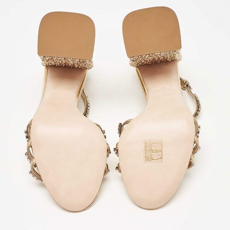 Pre Owned Miu Miu Gold Glitter and Leather Crystal Embellished Ankle Strap Sandals Size 37