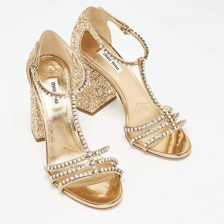 Pre Owned Miu Miu Gold Glitter and Leather Crystal Embellished Ankle Strap Sandals Size 37