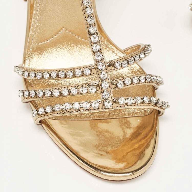 Pre Owned Miu Miu Gold Glitter and Leather Crystal Embellished Ankle Strap Sandals Size 37