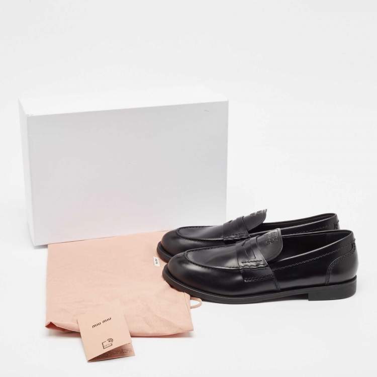 Pre Owned Miu Miu Black Leather Slip On Loafers Size 39