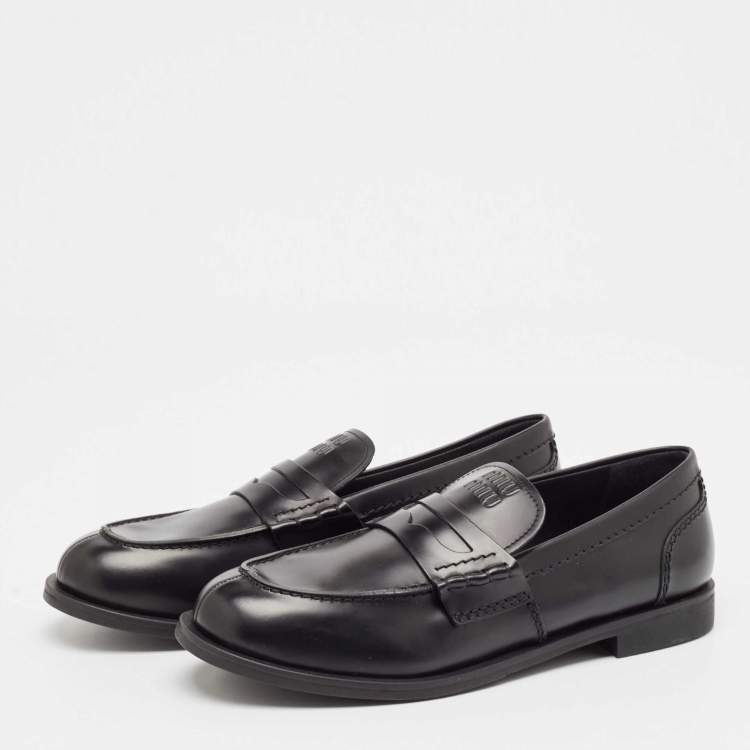 Pre Owned Miu Miu Black Leather Slip On Loafers Size 39