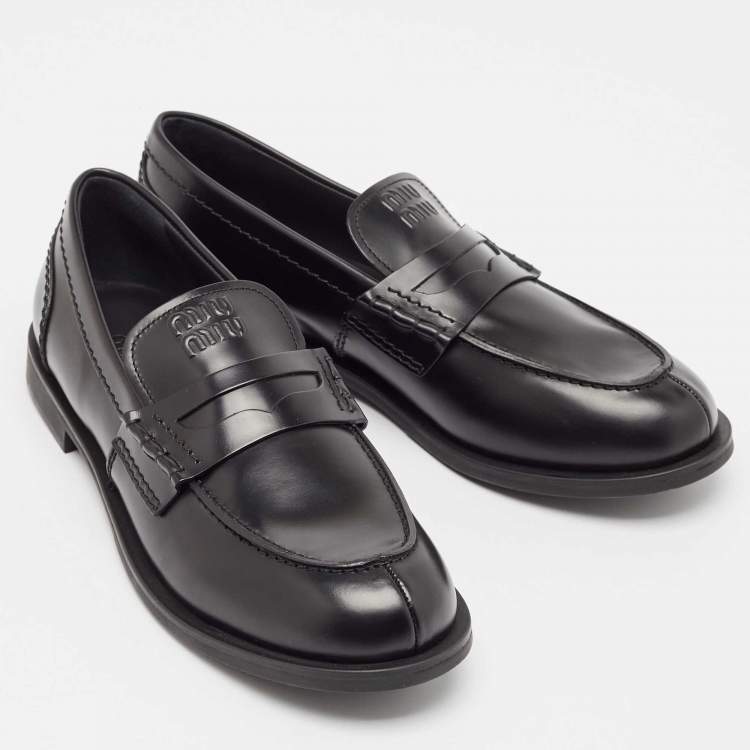 Pre Owned Miu Miu Black Leather Slip On Loafers Size 39