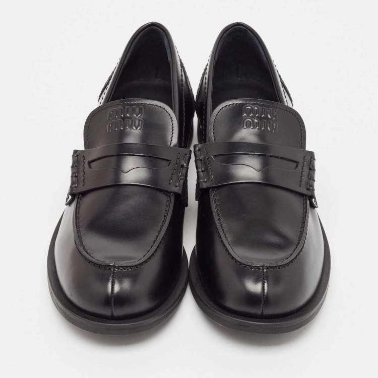 Pre Owned Miu Miu Black Leather Slip On Loafers Size 39