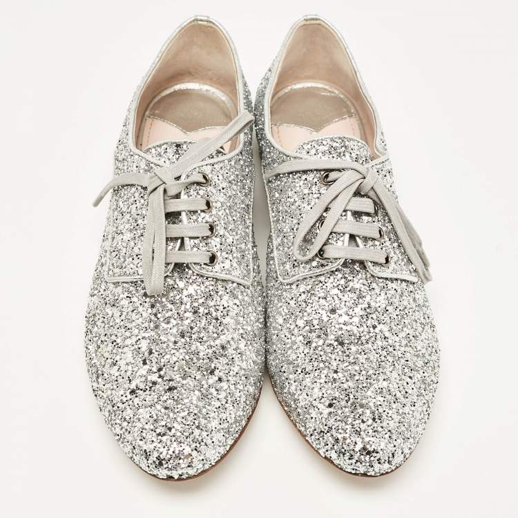 Pre Owned Miu Miu Silver Glitter Crystal Embellished Heels Lace Up Derby Size 36