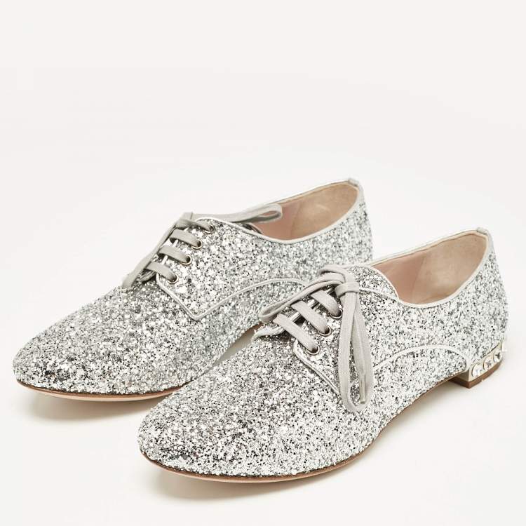 Pre Owned Miu Miu Silver Glitter Crystal Embellished Heels Lace Up Derby Size 36