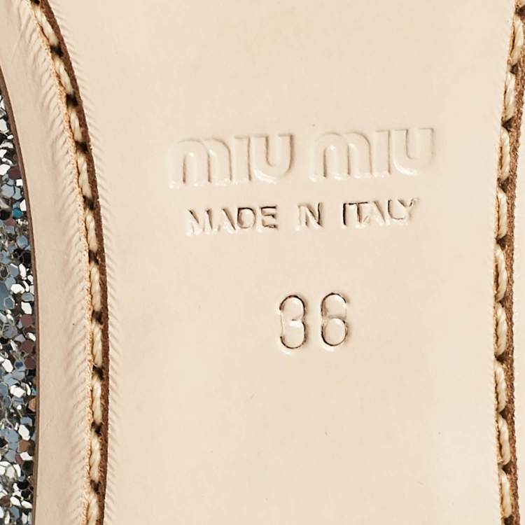 Pre Owned Miu Miu Silver Glitter Crystal Embellished Heels Lace Up Derby Size 36
