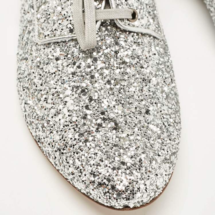 Pre Owned Miu Miu Silver Glitter Crystal Embellished Heels Lace Up Derby Size 36