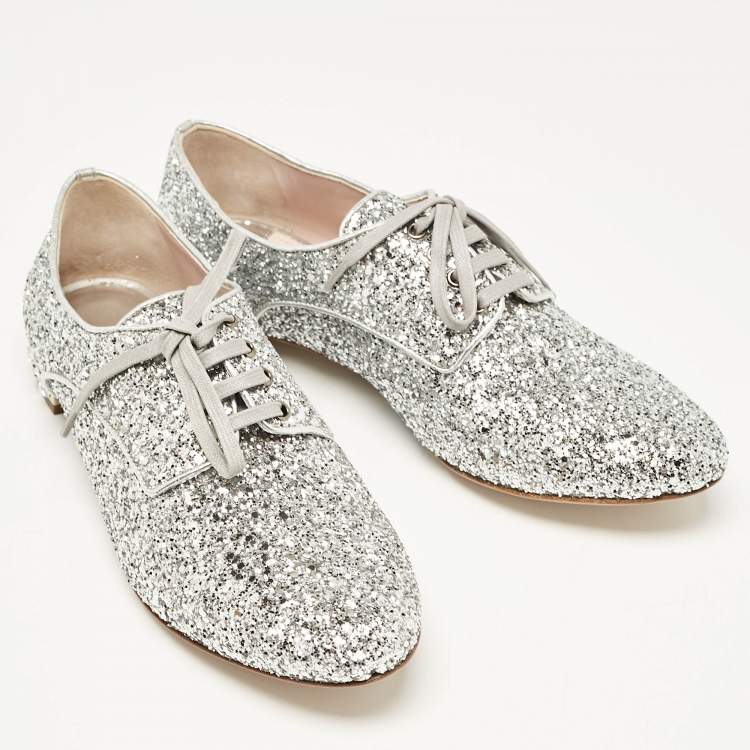 Pre Owned Miu Miu Silver Glitter Crystal Embellished Heels Lace Up Derby Size 36