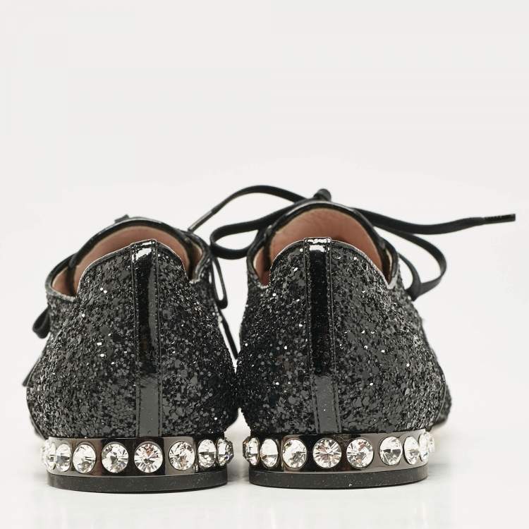 Pre Owned Miu Miu Black Glitter Crystal Embellished Heels Lace Up Derby Size 36