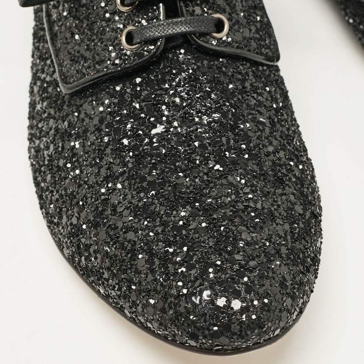 Pre Owned Miu Miu Black Glitter Crystal Embellished Heels Lace Up Derby Size 36