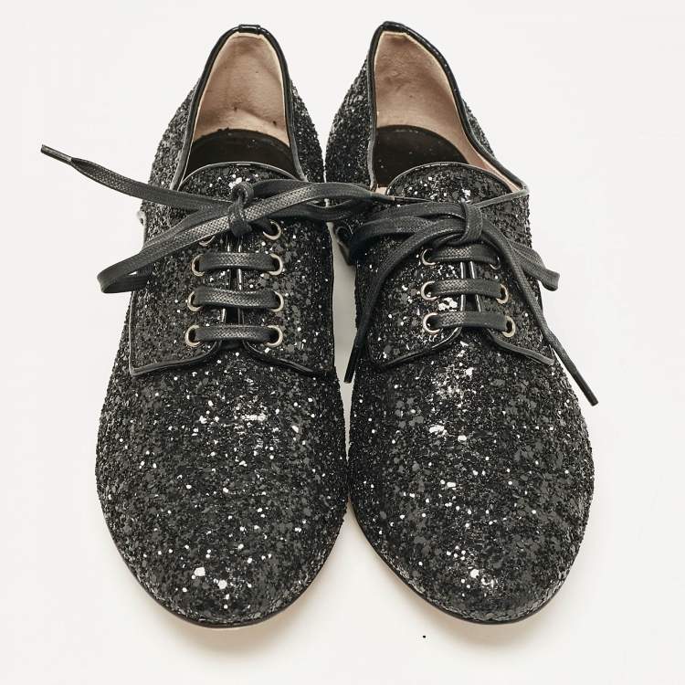 Pre Owned Miu Miu Black Glitter Crystal Embellished Heels Lace Up Derby Size 36