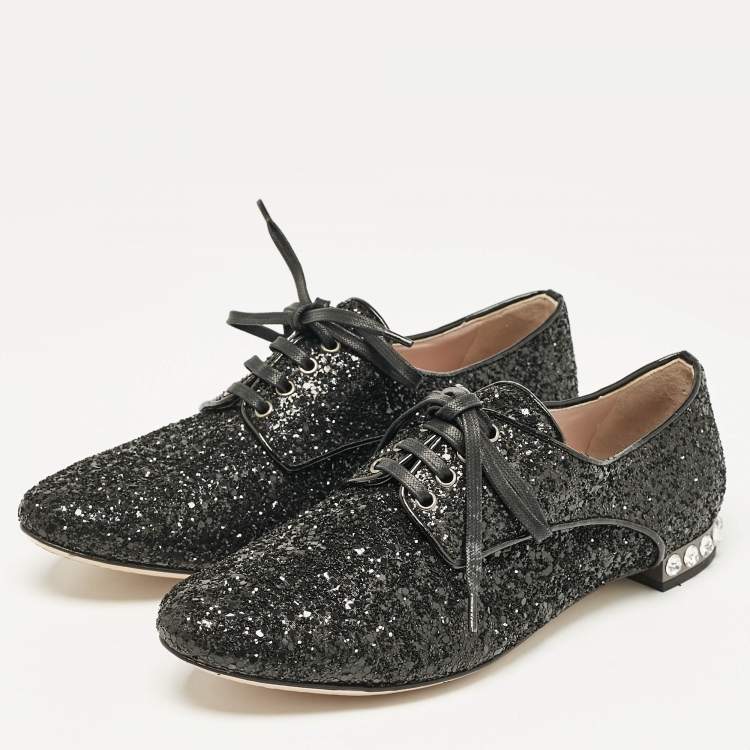 Pre Owned Miu Miu Black Glitter Crystal Embellished Heels Lace Up Derby Size 36