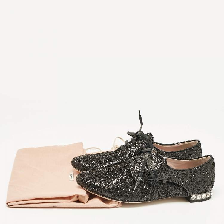 Pre Owned Miu Miu Black Glitter Crystal Embellished Heels Lace Up Derby Size 36