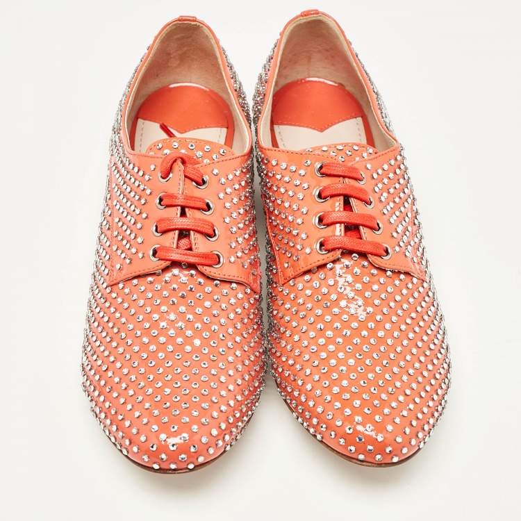 Pre Owned Miu Miu Orange Patent Leather Crystal Embellished Heels Lace Up Derby Size 36