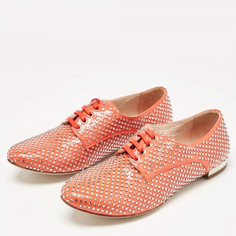 Pre Owned Miu Miu Orange Patent Leather Crystal Embellished Heels Lace Up Derby Size 36