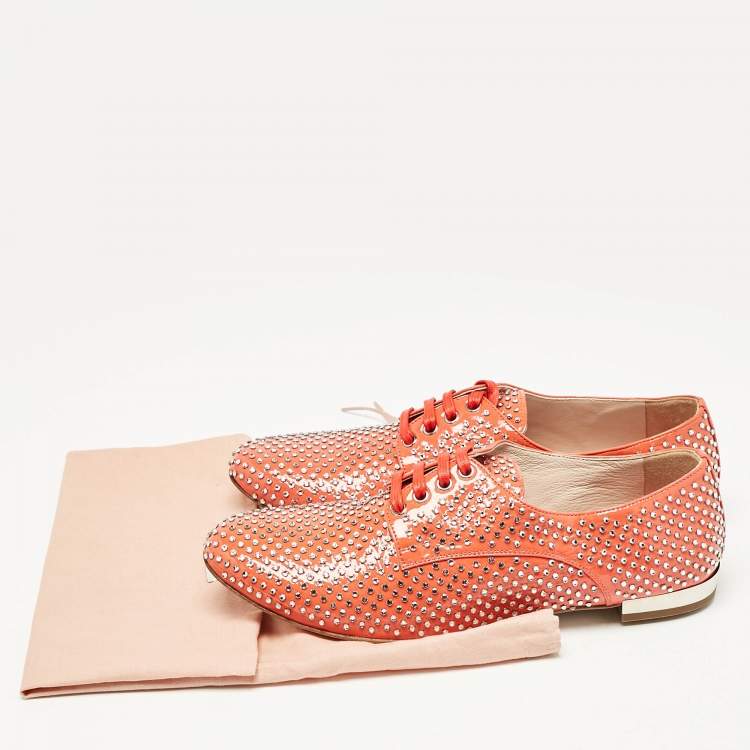 Pre Owned Miu Miu Orange Patent Leather Crystal Embellished Heels Lace Up Derby Size 36
