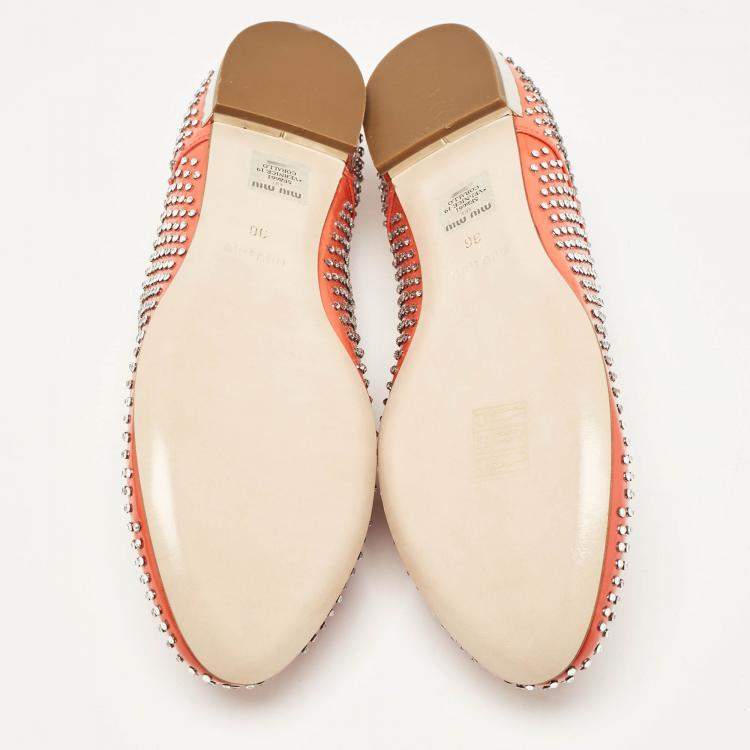 Pre Owned Miu Miu Orange Patent Leather Crystal Embellished Heels Lace Up Derby Size 36