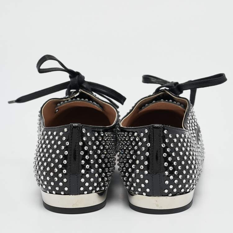 Pre Owned Miu Miu Black Patent Leather Crystal Embellished Lace Up Derby Size 36