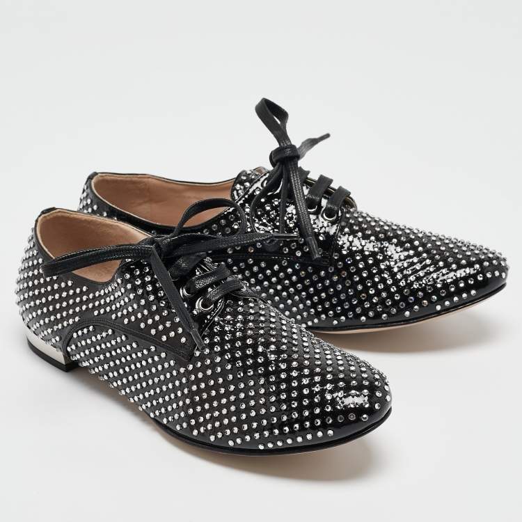 Pre Owned Miu Miu Black Patent Leather Crystal Embellished Lace Up Derby Size 36