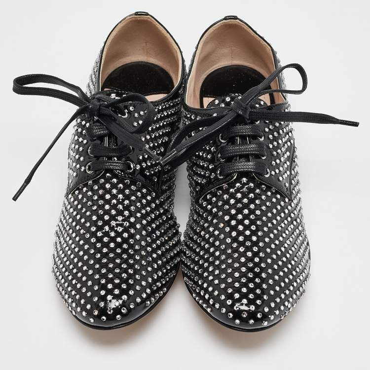 Pre Owned Miu Miu Black Patent Leather Crystal Embellished Lace Up Derby Size 36