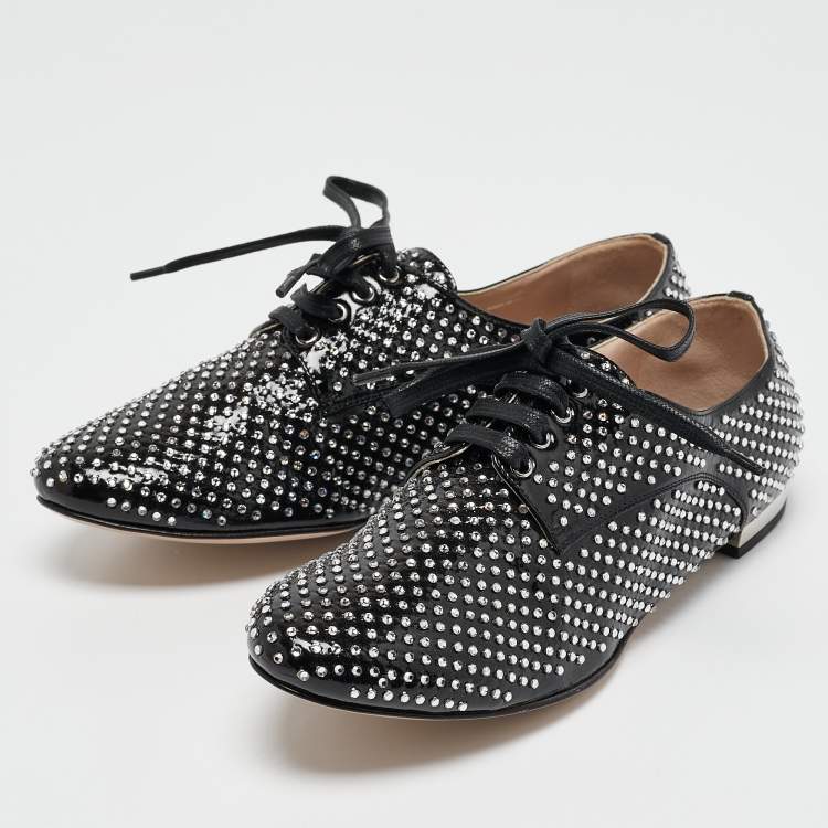 Pre Owned Miu Miu Black Patent Leather Crystal Embellished Lace Up Derby Size 36