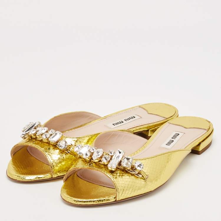Pre Owned Miu Miu Gold Snakeskin Embossed Leather Bow Flat Sandals Size 36