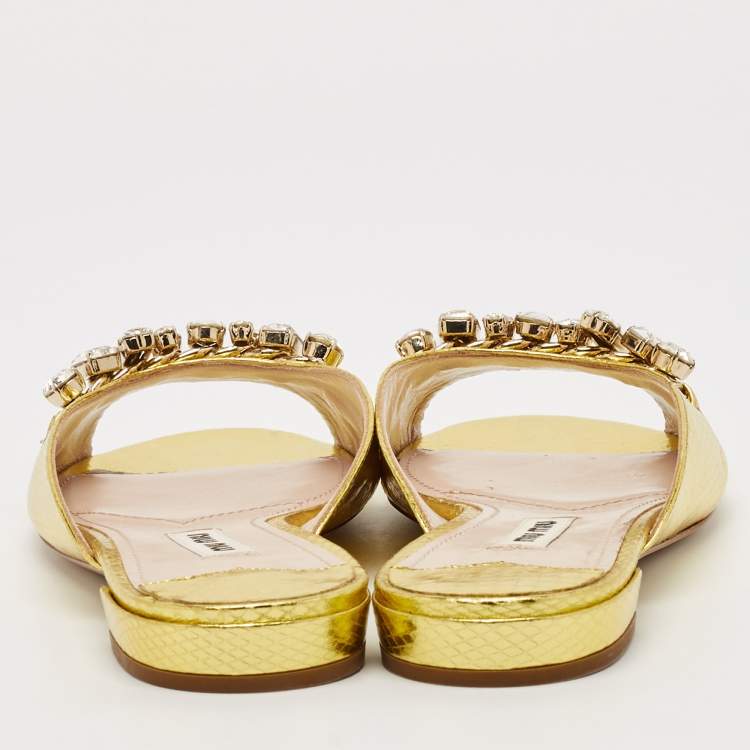 Pre Owned Miu Miu Gold Snakeskin Embossed Leather Bow Flat Sandals Size 36