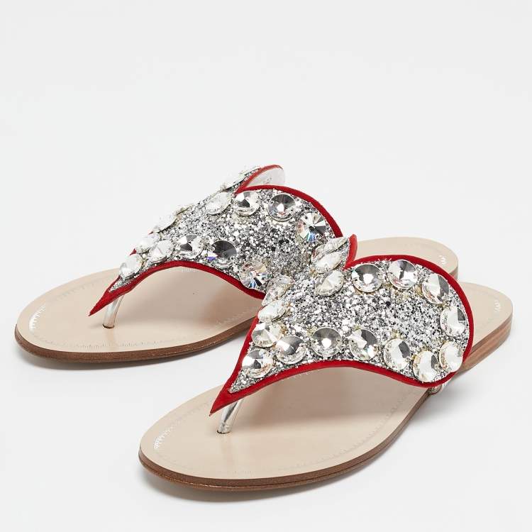 Pre Owned Miu Miu Silver/Red Glitter and Suede Crystals Embellished Flats Size 36