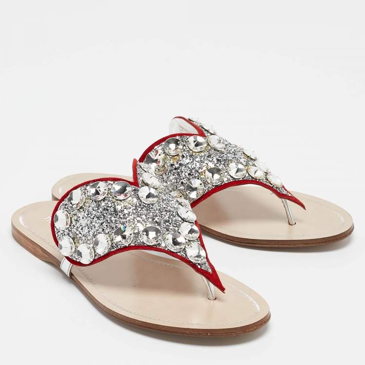 Pre Owned Miu Miu Silver/Red Glitter and Suede Crystals Embellished Flats Size 36
