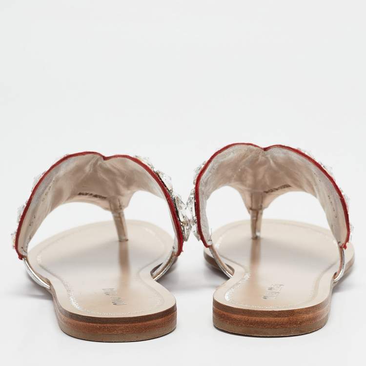Pre Owned Miu Miu Silver/Red Glitter and Suede Crystals Embellished Flats Size 36
