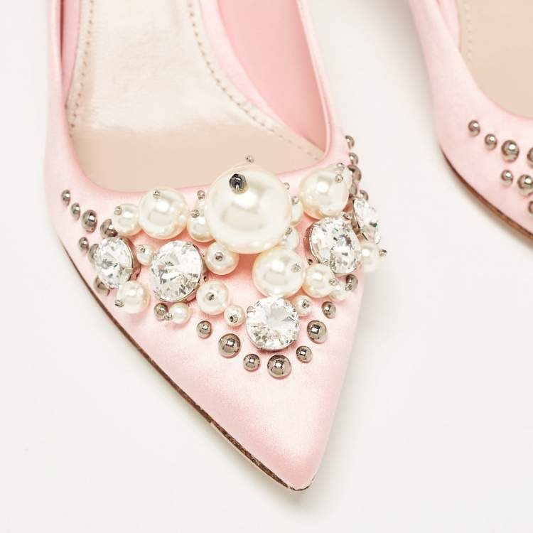Pre Owned Miu Miu Pink Satin Crystal Embellished Pointed Toe Pumps Size 34