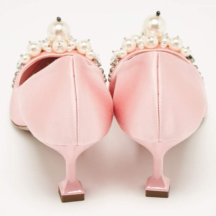 Pre Owned Miu Miu Pink Satin Crystal Embellished Pointed Toe Pumps Size 34