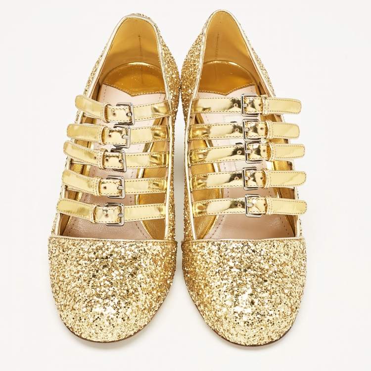 Pre Owned Miu Miu Gold Glitter and Leather Mary Jane Pumps Size 34