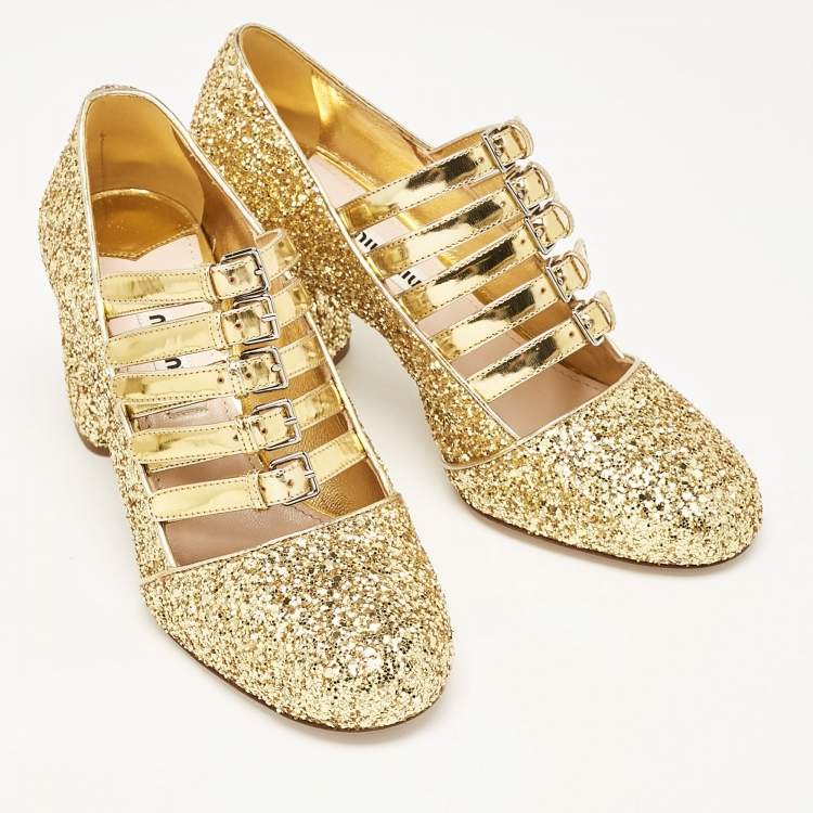Pre Owned Miu Miu Gold Glitter and Leather Mary Jane Pumps Size 34
