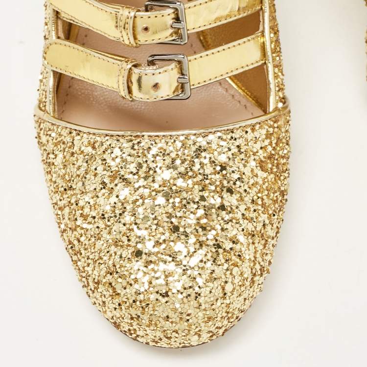 Pre Owned Miu Miu Gold Glitter and Leather Mary Jane Pumps Size 34