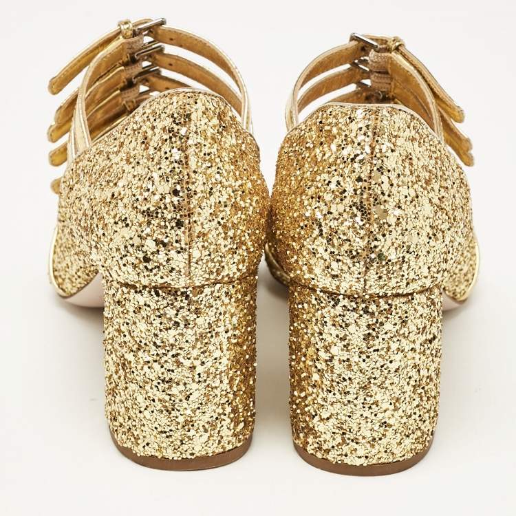Pre Owned Miu Miu Gold Glitter and Leather Mary Jane Pumps Size 34